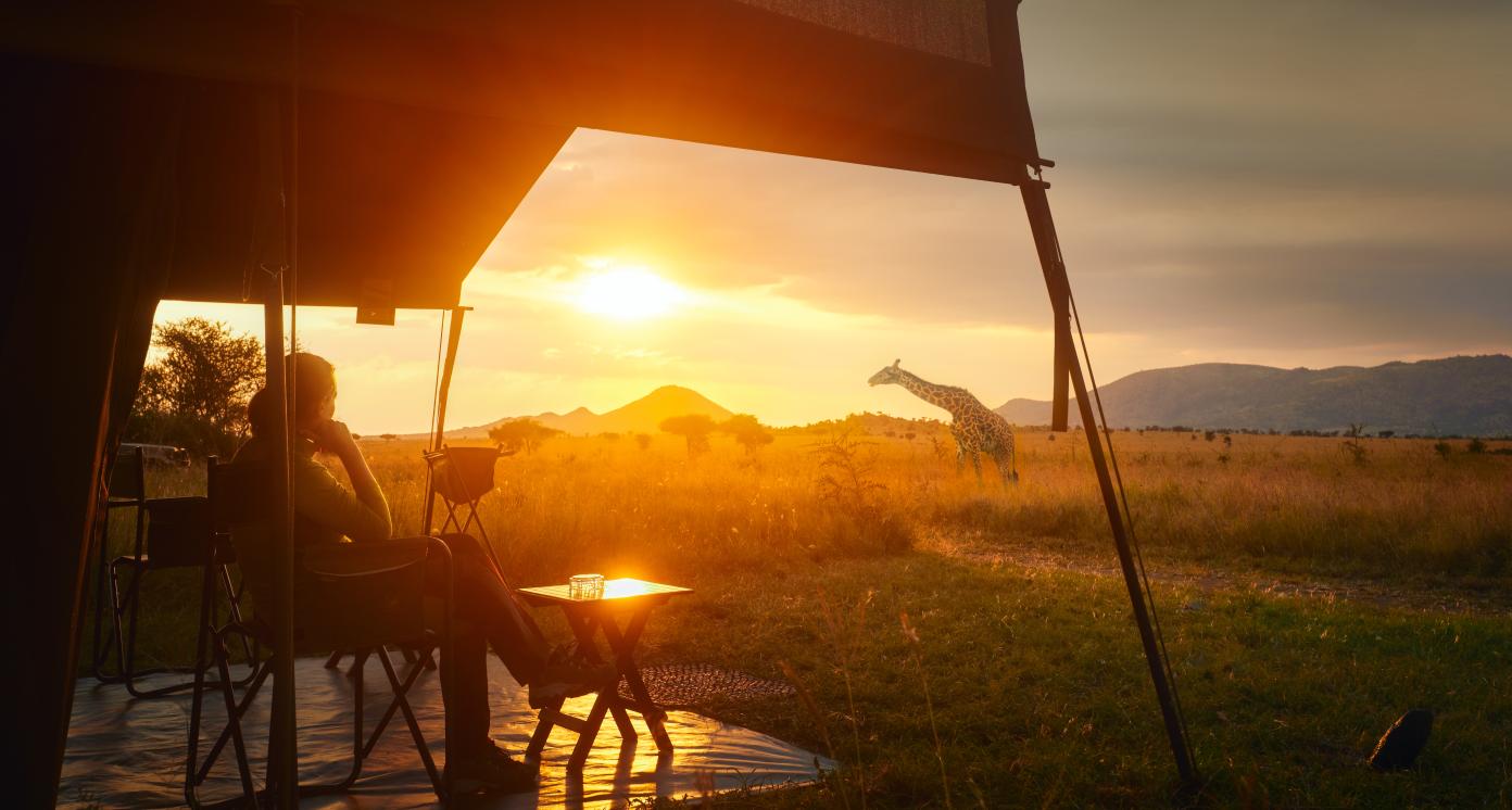 Woman rests after safari in luxury tent during sunset camping in the African savannah of Serengeti National Park, Tanzania. Woman Camping Tent Savanna Outdoors Concept